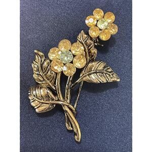 Vintage Gold Tone Yellow Rhinestone Flower Brooch Pin Floral Leaves Costume